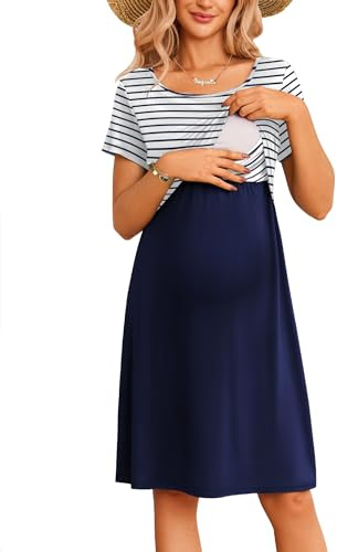 Ekouaer Stillkleider Damen Kurzarm Sommer Geburt Schwangerschaft Stillkleidung Rundhals Umstandskleid, Streifen-Navy, S