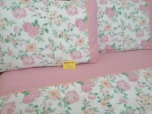Pago Poco Parure de lit double Colori: Vert-Rose-Bleu clair. En 100% flanelle de coton motif ROSES avec FLEURS. Drap plat 250 x 290 cm. Drap-housse avec angles 175 x 200 + 30. 2 taies d'oreiller 52 x