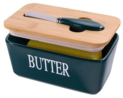 Butterdose aus Keramik mit Deckel und Messer für Arbeitsplatte, überdachter Butterstabhalter, Butterbehälter für Kühlschrank (grün)