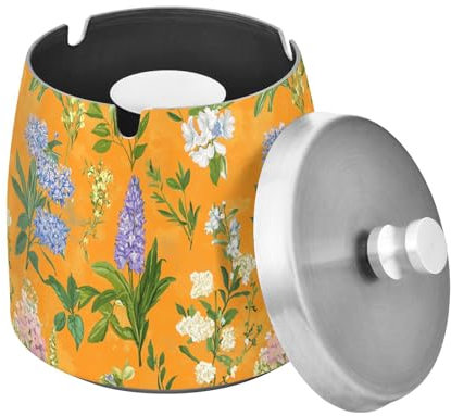 Aschenbecher aus Edelstahl mit Deckel für Zigarettenraucher Blumen Hyazinthen Pfingstrose Thymian Orange Zigarren Tisch Aschenbecher für Haus Garten Büro Niedlich Rutschfest