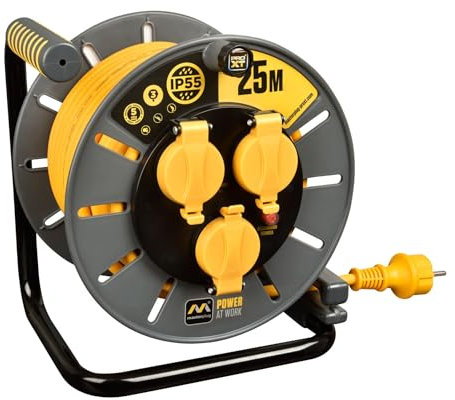 Masterplug Pro-XT Enrollacable 25m, Alargador Enchufe IP55, Extensión Eléctrica 3 Tomas Schuko, Alargo Enchufe Profesional