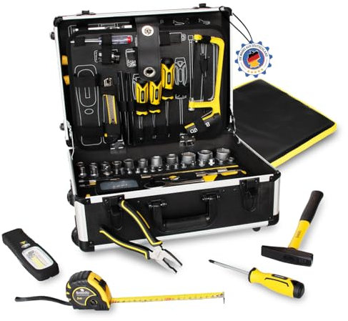BAMATO WORK-193 Werkzeugkoffer befüllt 193-tlg Werkzeug-Set | Werkzeugkiste fahrbar | Werkzeugbox komplett mit Werkzeug | Werkzeugtrolley | Teleskophandgriff | Koffer mit Rollen