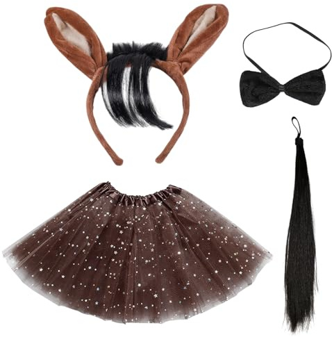 TUONYIS 4 Piezas Juego de Vestuario de Caballo Marrón,Diadema de Caballos Corbata de Lazo Cola Falda de Estrella,Disfraz de Animal Set Para niños Halloween la Fiesta la Granja