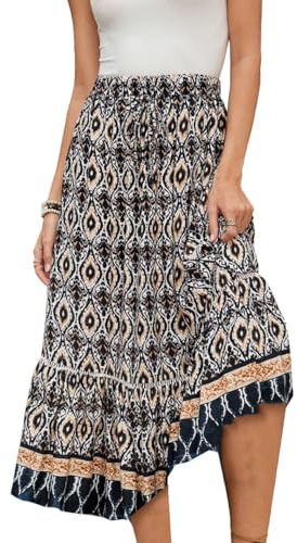 EMOTTOS Maxikjol för kvinnor, sommar, bohokjol, hög elastisk midja, lös plissé fåll, lång kjol, bohemisk A-linje, vintage tryckt strand, dekorativt snöre, maxi, lång flytande elegant volanger, blå