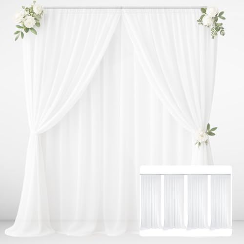 EMART White Backdrop Curtains, 6x3m /20x10ft Tulle Chiffon Fabric Drape for Parties Wedding Stage Decoration, 1.5x3m,4 Panels Background Cloth for Baby Shower Photography Birthday Photo Photoshoot