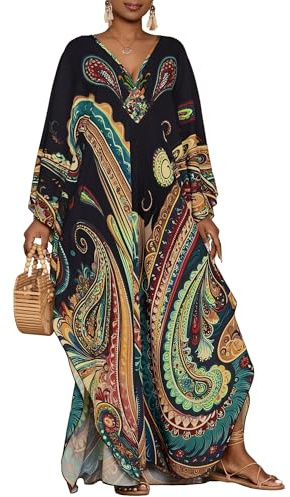Bsubseach Kaftan klänningar för kvinnor etniskt tryck plus size strandskydd fladdermusärm kaftaner med fickor, Svart, one size