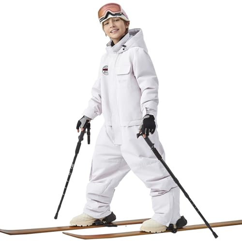 HOTIAN Kids Snow Suit Boys Girls Hooded Windproof Waterproof Insulated One Piece Snowboarding Ski Suit,White,10-11Years