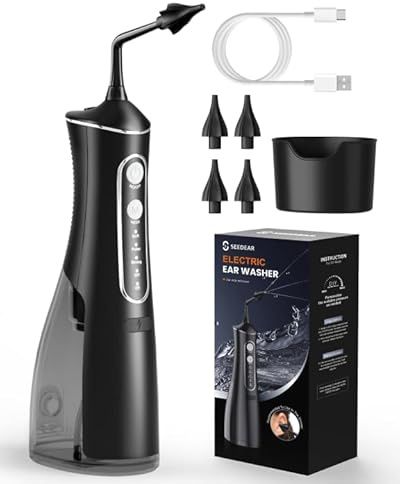 SEEDEAR Elektrischer Ohrenschmalz Entferner, IPX7 Wasserdichter Ohrreiniger-Set mit 4 Modi & DIY Wasserdruck-Ohrspülung - 4 Ohrspitzen im Set, Sicher für Erwachsene & Kinder (dunkel schwarz)
