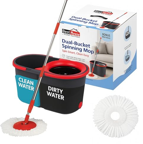 BH | Spin Mop and Dual Bucket Set | 2 Reusable Microfiber Mop Head | 13 LTR | 360° Rotating Mop with Easy Wringer | Stainless Steel Adjustable Handle | Floor Cleaning | Wet and Dry - by BEST HOUSE