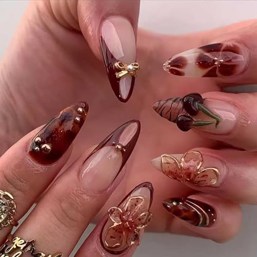 OuryTech Ongles Pressés Amande, 24 Pièces Faux Ongles à Coller et Faux Ongles, Almond Press Ons avec Fleurs 5D, Strass et Design Brun Brillant pour Femmes (Type D)