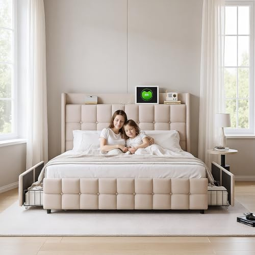 QMTXBYJ Polsterbett Doppelbett 180x200 cm,LED Doppelbett mit 4 Schubladen und Lattenrost,Bett 180x200 mit Stauraum-Kopfteil und USB,Bettgestell Jugendbett Stauraumbett,Leinen,Ohne Matratze,Beige