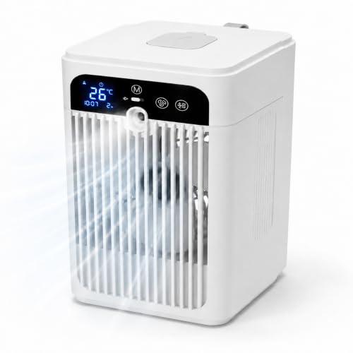 WODHMIEY Mini Klimaanlage Luftkühler mit Wasserkühlung ohne Abluftschlauch, Tragbarer Tischventilator mit Sprühnebel, 500 ml Tank, USB-C Akku Betrieb, Timer und Temperaturanzeige für Büro Küche Zimmer