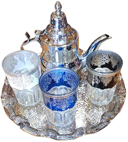 KENTA ARTESANIAS JUEGO DE TÉ MARROQUI : BANDEJA CALIDAD 25 CM X 3 VASOS X TETERA 0,80 ml