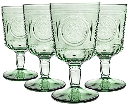Bormioli Rocco Romantic Wine Glasses Set - Vintage Italian Cut Glass Goblets - 320ml - Green - Pack of 12