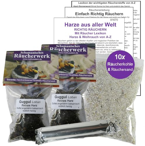 Guggul Loban Indische Myrrhe Räucherset 60ml (2X 30ml) – Reine Harze zum Ausräuchern – 6-TLG. Räucherwerk Set für Schutz, Reinigung & entspannte Atmosphäre, inkl. Zubehör. 81670-28