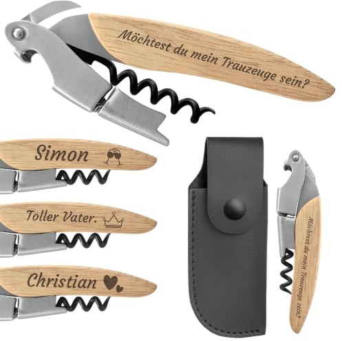 KDO MAGIC - Personalisierter Korkenzieher aus rostfreiem Stahl (Name) | Geschenkidee für Männer, Vatertag, Papa, Geburtstag | Gravierter Vorname | Sommelier-Korkenzieher aus Holz | Flaschenöffner