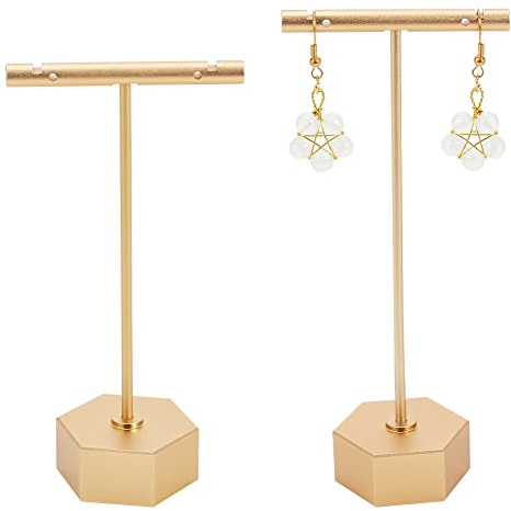 FINGERINSPIRE 2Pcs T-Bar Ohrring Display Ständer Gold Metall Ohrringhalter Schmuckturm Halter Hängen Schmuck Organizer für Einzelhandelsshow (Sechskant Basis, Höhen 11.7cm & 13.7cm)