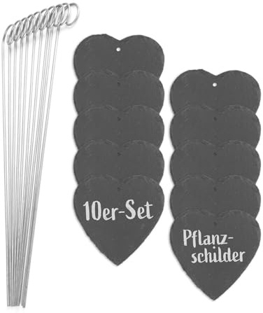 Hoberg Étiquettes Plantes en ardoise - Set de 10 | Résistant aux intempéries, réutilisable | Inscription individuelle de plantes & herbes | Avec piquet de terre en acier | 10 x 10 x 0,5 cm [cœur]