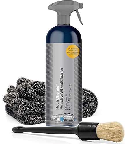 detailmate Felgenreinigung Set: Koch Chemie Reactive Wheel Cleaner Auto Felgenreiniger 750ml + Nuke Guys Gamma Dryer Mikrofaser Trockentuch 1400GSM 40x40cm + ValetPRO Large Sash Brush Reinigungspinsel