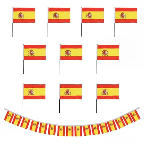 Sonia Originelli Spanien Fan-Set 16 mit 10 Tischfahnen und Girlande - Fanartikel in der spanischen Nationalflagge für WM, EM und Events