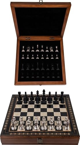 Handgefertigtes Holz Schachbrett mit Aufbewahrungssystem, Schachfiguren aus Metall, Deluxe Edition, Schachspiel, Schachset, 40 x 40 cm