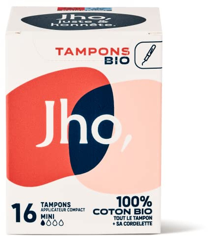Jho - Tampons 100% Coton BIO - Avec applicateur compact (Mini, 1 boite = 16 tampons)