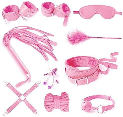 Room Of Doom - 'The Boss' 10 Pcs BDSM Leather Bondage for Beginners Kit, Adjustable Bed Restraints, Blindfold, Nipple Clamps, Fetish Whip, Ball Gag, Furry Handcuffs - Kinky Adult Sex Toy Set (Pink)