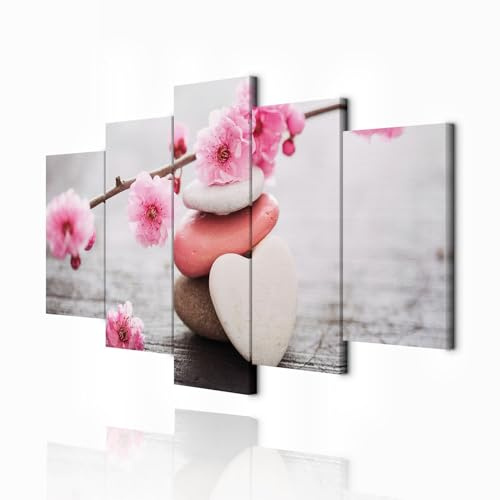 decomonkey Bilder Blumen Spa 150x75 cm 5 Teilig Leinwandbilder Wandbild Zen | Bild auf Leinwand, Kunstdruck, Wanddeko, Wohnzimmer, Wanddekoration, Stein, Herz, rose, grau