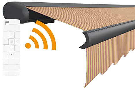Arilco Elektrische Vollkassettenmarkise Kassettenmarkise Gelenkarmmarkise Markise Sonnenmarkise Sonnenschutz in vielen Farben und Größen wählbar in der Kassettenfarbe Anthrazit (4m x 3m, Karriert)