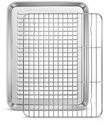 Homikit Backblech mit Abkühlgitter, Edelstahl Klein Backform Ofenblech und Auskühlgitter für Backen Braten Servieren, 26 x 20 x 2,5 cm, Hochglanzpoliert, Spülmaschinenfest