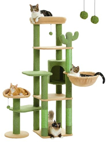PETEPELA 150cm Kaktus Kratzbaum, hoher Katzenbaum für große Katze, mehrstöckiger Katzenturm, Katzenkratzbaum für Wohnungskatzen, Katzenwohnung mit großer Hängematte, Kratzsäule und 2 Sitzstangen, grün