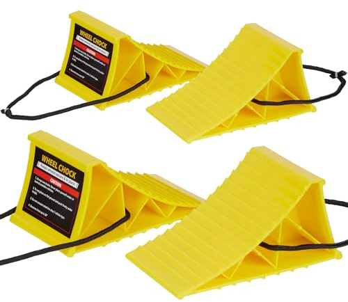 PAHTTO Wheel Chocks, 4Pack Heavy Duty Wheel Chocks with Rope for Easy Removal, Durable, Non-Slip, Hard Plastic Wheel Chocks for, RV, Camper, Effective in Keeping Your Vehicle in Place, Yellow