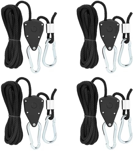 lefeindgdi Rope Ratchet, 4 x 1/8 Inch Adjustable Nylon Ratchet Rope with Hook, Cargo Strap for Plant Fan, Light, Indoor Plants