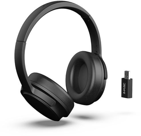 R-MUSIC RM306841 - Cuffie TV senza fili con ricevitore USB 2,4 GHz - 12 ore di durata della batteria - radio FM, jack da 3,5 mm, padiglioni girevoli - Nero