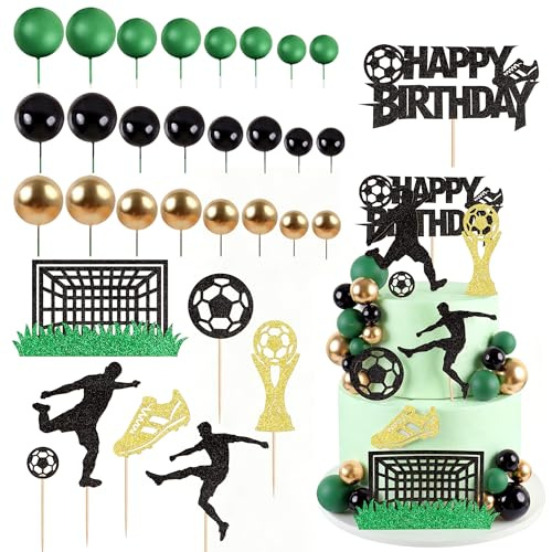 34Pcs Soccer Birthday Cake Toppers Green Golden Black Balls Cake Decorations Football Player Cake Picks for Boys Football Birthday Cake Decoration Soccer Game Birthday Party Supplies