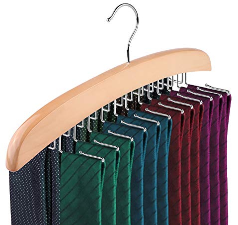 Tie Rack, Wooden Tie Hanger Single Hooks 24 Binding Natural Hanger Organizer Rack, Best Choice for Your Closet Organizer