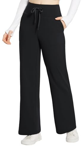 BALEAF Pantalones deportivos de pierna recta con forro polar para mujer con bolsillos, pantalones de pierna ancha para mujer, pantalones deportivos de cintura alta con cordón, Negro, XL