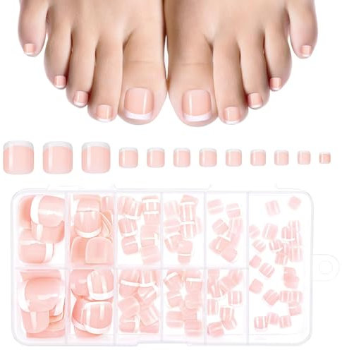120 Pcs Francesi Chiaro Rosa Finte Unghie dei Piedi, Copertura Completa Artificiali Piede Unghie con Punte French Fake Nails Tips Piedi con Utensili Lima per Unghie DIY Nail Art, 12 Misure