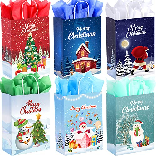 24 Stk Geschenktüten Weihnachten mit Seidenpapier, 22X16X8 CM Kleine Weihnachtstüten für Geschenke mit Griffen, Weihnachtstüten aus Papier für Partyzubehör für Kinder und Erwachsene