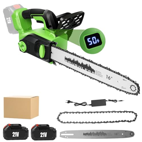 Tronconneuse a Batterie, TronçOnneuse éLectrique Sans Balais Avec Affichage Du Niveau de Batterie, TronçOnneuse éLectrique 16 Pouces Avec Chargeur et Batterie (machine + 2 batteries + 1 chargeur)