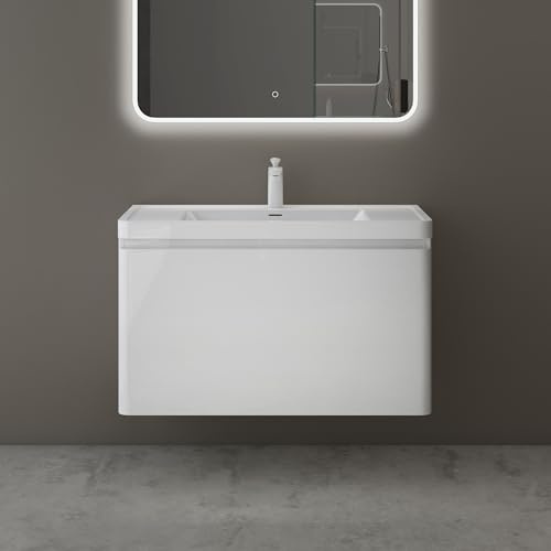 Mai & Mai Mobile Bagno Sospeso 90x48x50cm con Lavabo, Bianco | Mobile da Bagno con Cassetto Include Lavabo, Bianco, Seria BC013-Lackier