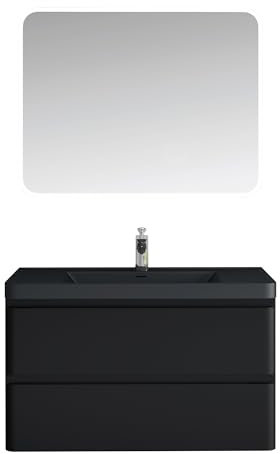 Mai & Mai Mobile Bagno Sospeso 90x48x50cm con Lavabo in Marmo fuso, Mobiletto da Bagno con 2 Cassetti di Chiusura Soft-close, Mobile sospeso Lavandino Bagno Nero opaco, Lucca