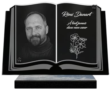 ETERNEL - Personalisierte Grabplatte Buch Blumen Foto und Text anpassbar, lasergravierte Grabplatte für Hommage, Grabstein, Friedhof, Trauer, Zeremonie