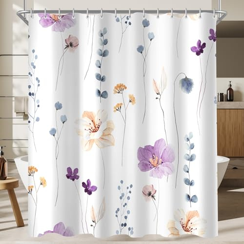 Lerores Duschvorhang 180x200 cm Lila Blume,Beschwerter Saum Antischimmel,Wasserabweisend, Waschbar Polyester Badevorhänge mit 12 Ösen und Duschvorhangringe für Badezimmer,Badewanne
