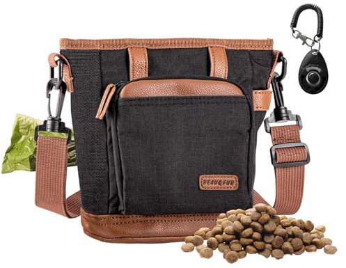 BEAU&FUR Large Dog Treat Pouch with Clicker for Training – 4 Cup Capacity, Built-In Poop Bag Dispenser, Expandable Pocket, Metal Buckle, Large Back Pocket, Ideal Design for Walks and Training – Black