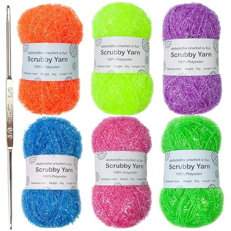 Scrubby Garn | 6 Stränge Glitzergarn zum Häkeln | Baumwollgarn für Geschirrtücher | Glitzernde Wolle | -Glitzer-Strickgarnbündel zum Stricken von Geschirrtüchern, Bastelprojekten