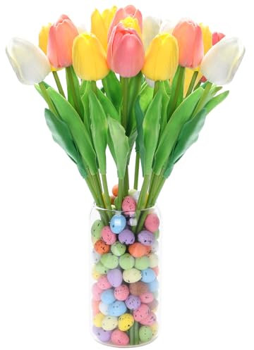 Angenster Artificial Tulips Flowers Set, Tulips Multicolored Real Touch with Easter egg and Artificial Tulips, Faux Flower for Home Table Easter Decorations Wedding Party Flower Decor (Style A)