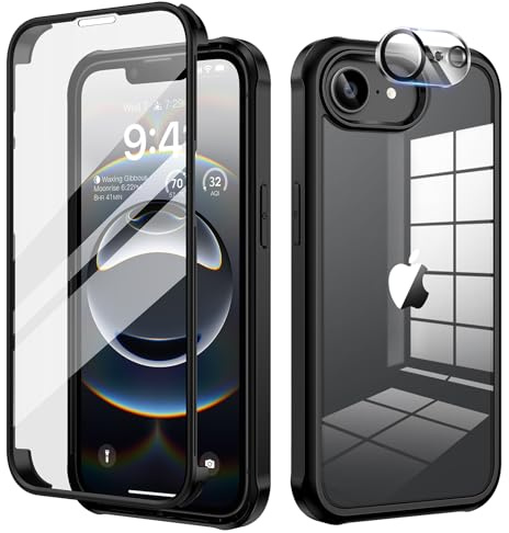 seacosmo för iPhone 16e Mobilskal, iPhone 17e Skyddsskal, [9H HD] Integrerat Skärmglas och Linsskydd, 360 Grader Stöttåligt Fodral, Stötdämpande Skal för iPhone 16e / 17e, Svart