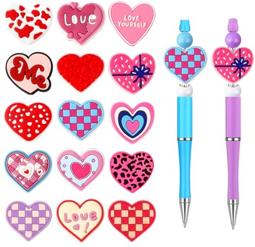 Herzförmige Fokusperlen zum Valentinstag, für Stifte, Gummiperlen, DIY für Schlüsselanhänger, Basteln, Perlen, Schlüsselband, DIY, Geschenk, Halskette, Armband, 15 Stück