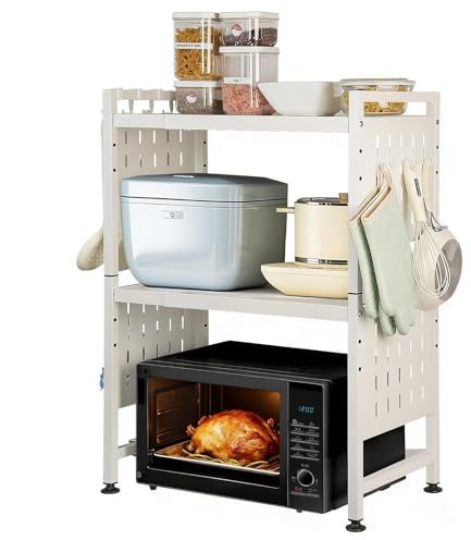 loyalKBS Expandable Microwave Stand Countertop, 3 Tier Heavy Duty Over Microwave Shelf Countertop with 4 Hooks, Height Adjustable Metal Microwave Oven Rack Shelf for Kitchen Tabletop,Holds 160lb,White